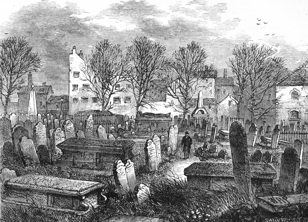 Etching of a figure in a cemetary