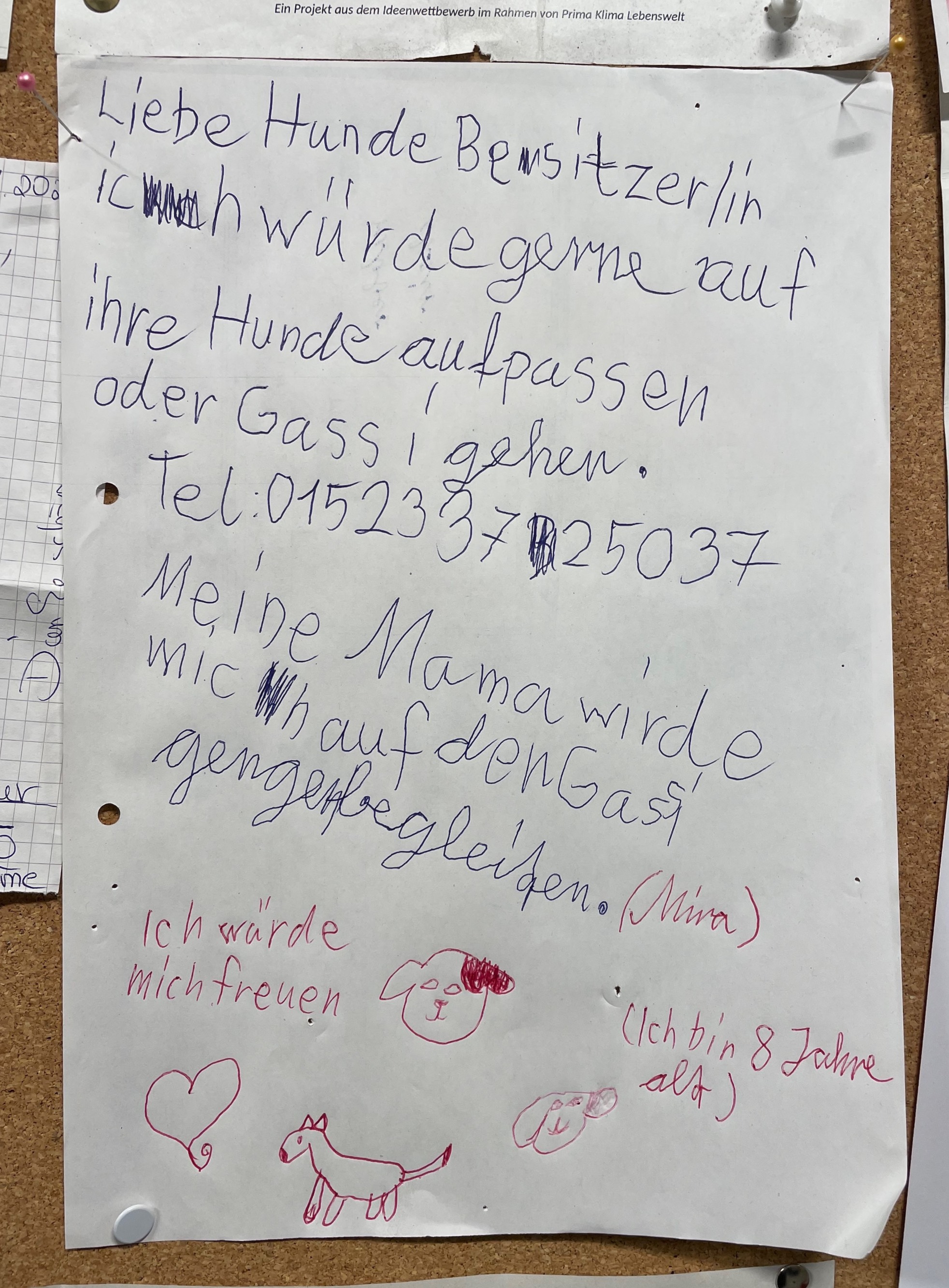 A note from a young girl asking if she could walk people’s dogs