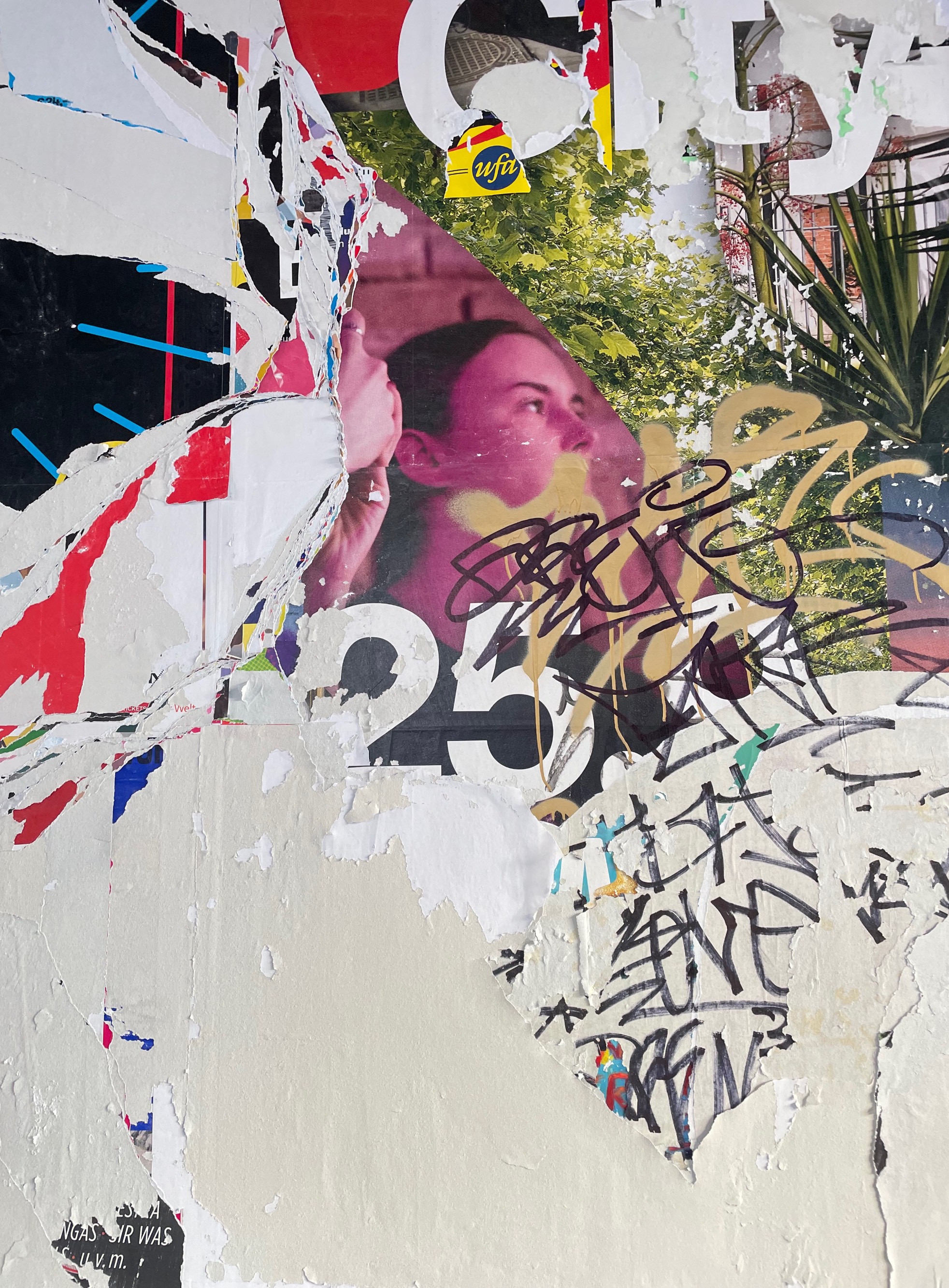 Fragments of old posters including a woman’s face